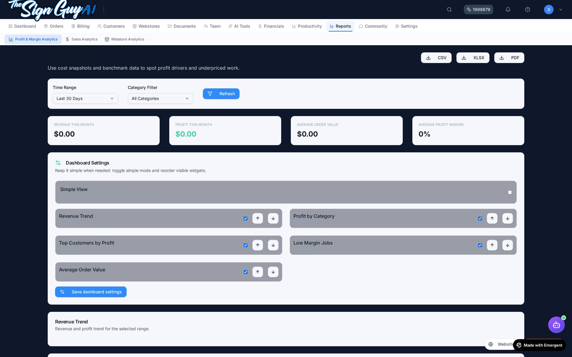 Reports, Productivity & Margin Analytics screenshot